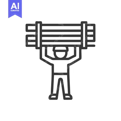 Bold Line Art Icon of a Worker with a Hard Hat Lifting Heavy Beams