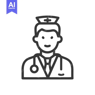 Aset desain premium: Simple Line Art Icon of a Smiling Male Doctor with Stethoscope and Cap