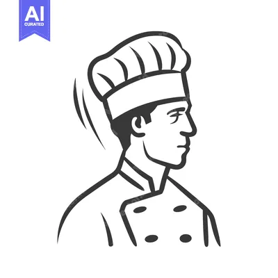 A black and white illustration of a chef in profile wearing a toque