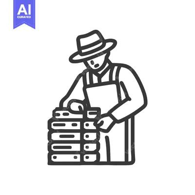 Aset desain premium: Beekeeper in a Fedora Inspecting Stacked Beehive Frames Line Art Icon