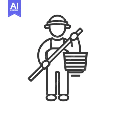 Bold line art icon of a worker in overalls and hat, holding a bucket a