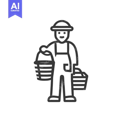 Friendly Farmer in Overalls Holding Harvest Baskets Line Art Icon