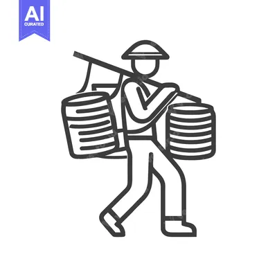 Stylized Line Art Icon of an Asian Farmer with a Shoulder Pole