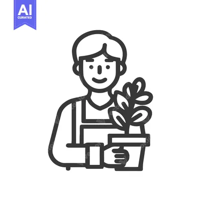Joyful Gardener in Apron Holding a Potted Plant, Minimalist Line Icon
