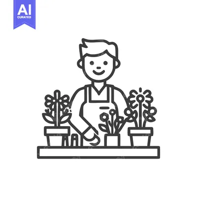 Joyful Gardener Behind a Counter with Flowers, Clean Line Art Design