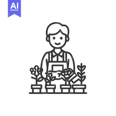 Joyful Gardener in Apron Tending Potted Plants Minimalist Line Art