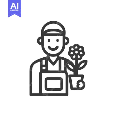 Friendly Gardener Character Holding a Potted Flower, Line Art Icon