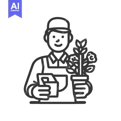 Joyful Gardener Nurturing a Blooming Rose, Minimalist Line Illustratio