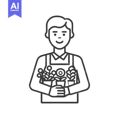 Friendly Male Florist Holding Potted Plants, Minimalist Line Art Icon