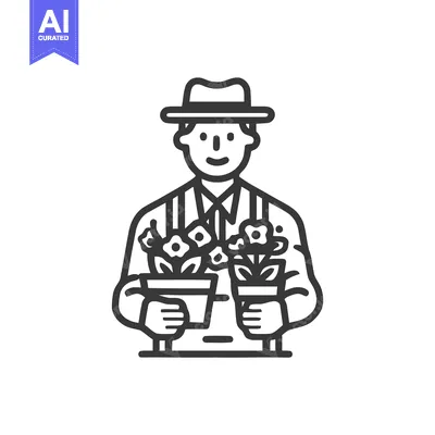 Premium design asset: Smiling Gardener in a Hat Holding Two Potted Flowers Line Art