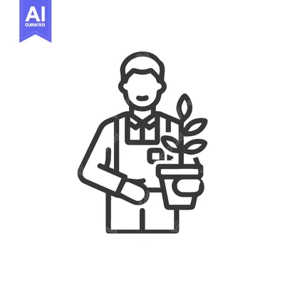 Smiling Gardener in Apron Holding a Potted Plant, Minimalist Outline I