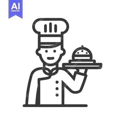 Premium design asset: Simple Line Art Icon of a Smiling Chef Serving a Covered Burger
