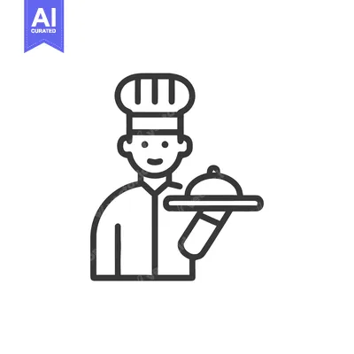 Aset desain premium: Smiling Chef in Toque Hat Serving a Covered Dish, a Minimalist Line Ar