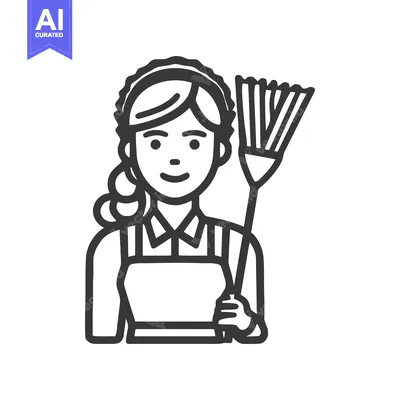 Aset desain premium: Friendly Housekeeper with Feather Duster, Minimalist Line Art Icon