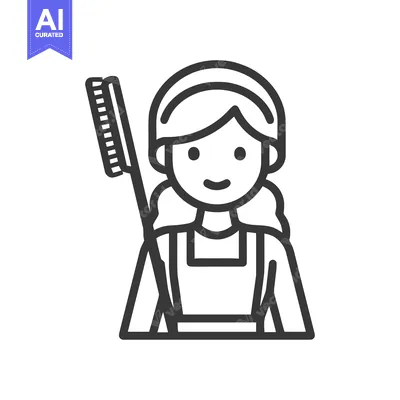 Premium design asset: Smiling cleaning lady with brush and apron, a minimalist monochrome li