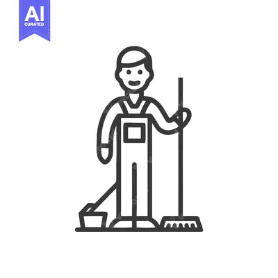 Popular premium asset: Cheerful Cleaner with Broom and Dustpan, Minimalist Line Art Vector Ic