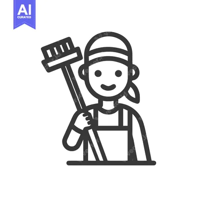 Aset desain premium: Cheerful Female Cleaner with Broom and Bandana, Minimalist Line Art Ic