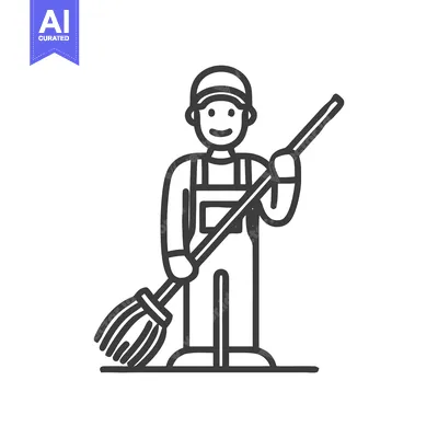 Aset desain premium: Friendly Janitor with Broom Minimalist Line Art Icon