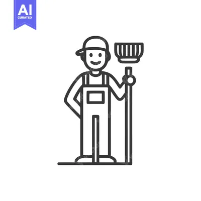 Aset desain premium: Cheerful Janitor in Overalls with Broom, Minimalist Line Art Icon