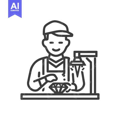 Aset desain premium: Skilled Jeweler at a Workbench Inspecting a Diamond, Line Art Icon
