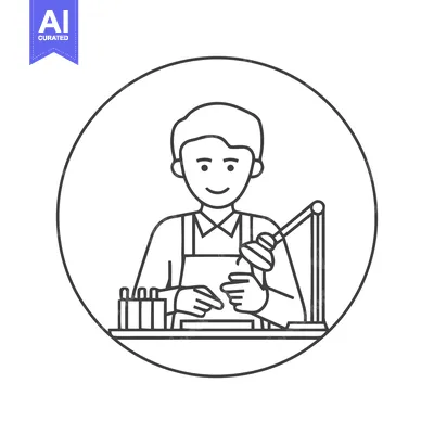 Smiling Craftsman at Workbench with Soldering Iron, Line Art Icon