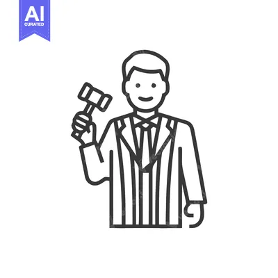 Black and White Outline Icon of a Smiling Judge Holding a Gavel