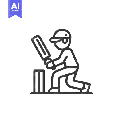 Minimalist Line Art Icon: Cricket Batsman in Batting Stance with Bat a