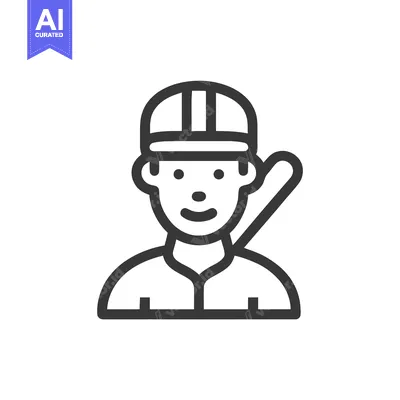 Aset premium populer: Simple Outline Icon of a Baseball Player with Bat and Cap, Smiling, fo