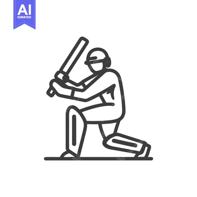 Simple Line Art Cricket Batsman Icon Kneeling with Bat, Ready to Strik