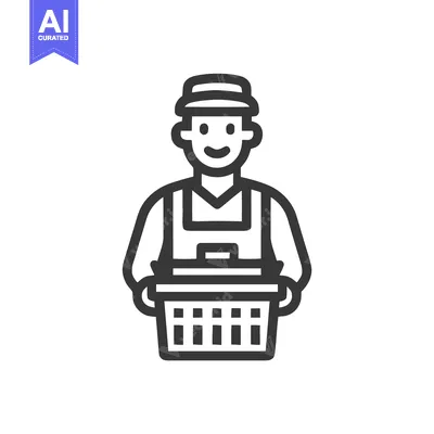 Premium design asset: Friendly Line Art Icon of Person in Hat Holding Shopping Basket, Ready