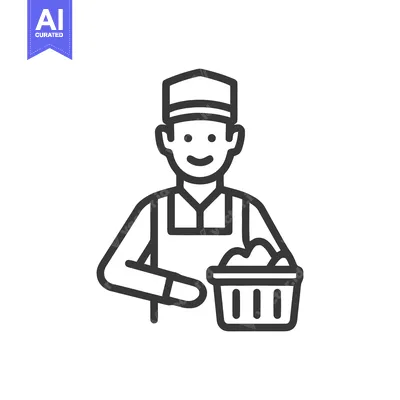 Smiling Laundry Worker Icon with Basket, Simple Line Art Vector Illust