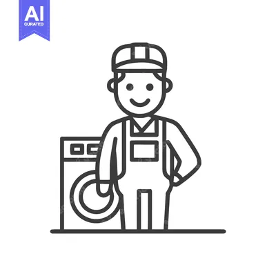 Aset premium populer: Smiling Appliance Repairman Icon Standing Beside Washing Machine, Prof