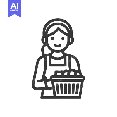 Aset desain premium: Minimalist Line Art Icon of Smiling Woman in Apron Holding Laundry Bas