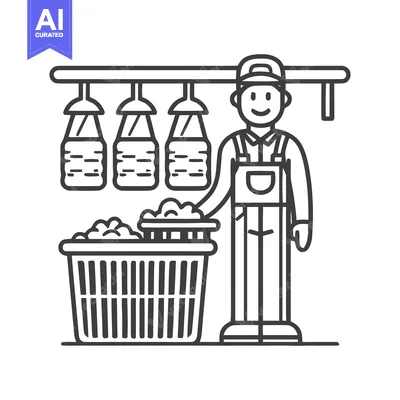 Minimalist Line Art Icon: Smiling Man in Overalls with Laundry Basket