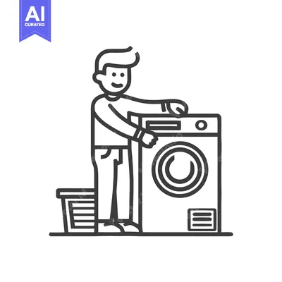 Aset desain premium: Cheerful Man Loading Washing Machine, Simple Line Art Icon. Happy Hous