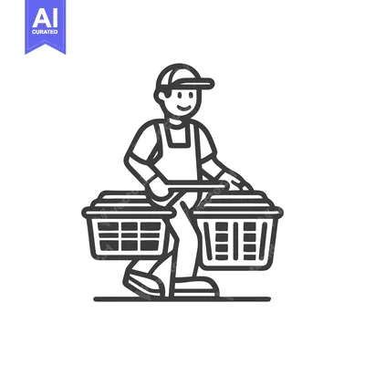 Happy Person Carrying Laundry Baskets on Pole - Monoline Icon for Hous