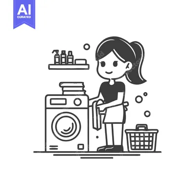 Charming Monochrome Illustration of a Smiling Woman Doing Laundry with