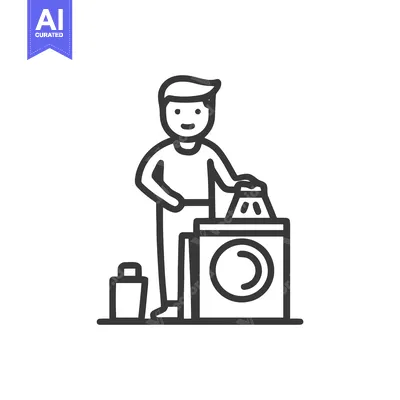 Clean Line Art Icon: Person Doing Laundry, Loading Washing Machine wit