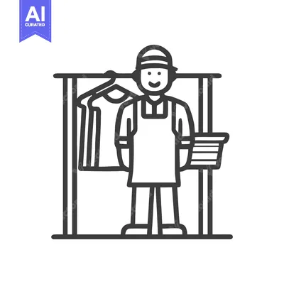 Aset premium populer: Stylized Line Art Icon of Smiling Laundry or Retail Worker with Clothi