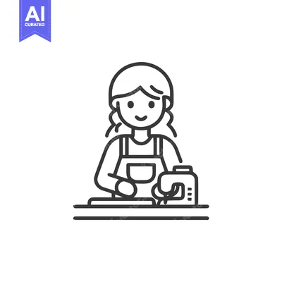 Minimalist Line Art Icon of Happy Woman Sewing with Machine, Crafting