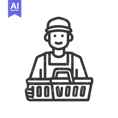 Popular premium asset: Smiling Line Icon of a Person in a Hat Holding a Shopping Basket, Idea