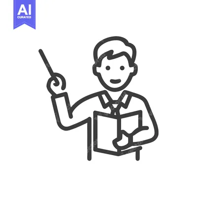 Simple Line Art Icon of Smiling Male Instructor with Pointer and Book,