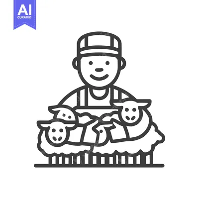 Smiling Shepherd with Three Sheep Minimalist Line Art Icon