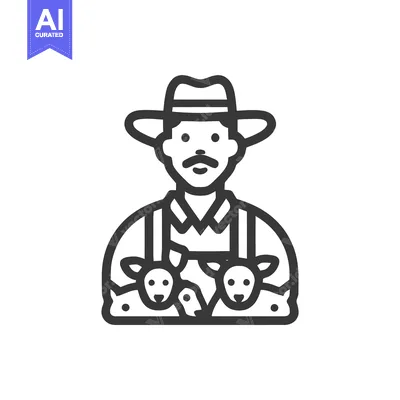 Black Line Icon of a Farmer in Hat and Overalls with Two Sheep, Symbol