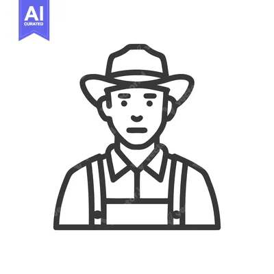 Monochrome Line Art Icon of a Rural Worker in Cowboy Hat and Overalls