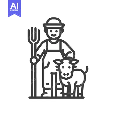 Aset premium populer: Friendly Farmer with Pitchfork and Calf Line Art Icon, Representing Ag