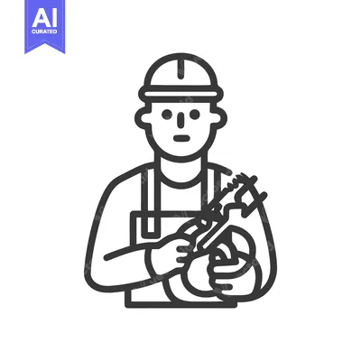 Line Art Icon: Gardener in Hard Hat Holding Plant and Trowel