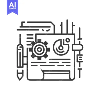 A black and white illustration of a data analysis document with icons
