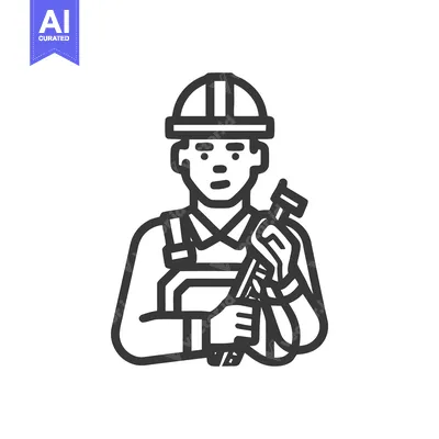 Aset desain premium: Skilled Construction Worker Icon with Wrench and Hard Hat, Minimalist