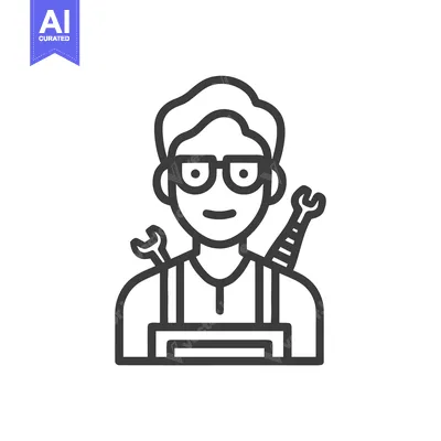Aset premium populer: Skilled Mechanic or Handyman Line Art Icon with Glasses, Wrench, and S